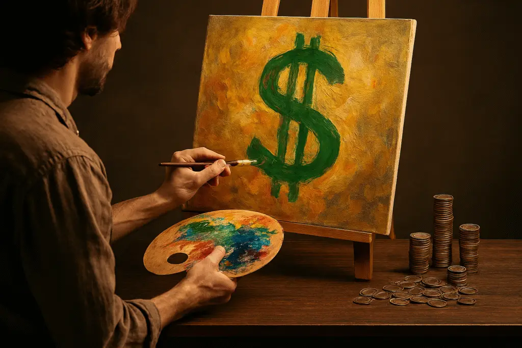 Art & Commerce – Megan Prescott OnlyFans & Edinburgh Fringe Show Concept An artist painting a canvas with a dollar sign, symbolizing the intersection of art and commerce—reflecting themes from Megan Prescott’s OnlyFans and her Edinburgh Fringe Show
